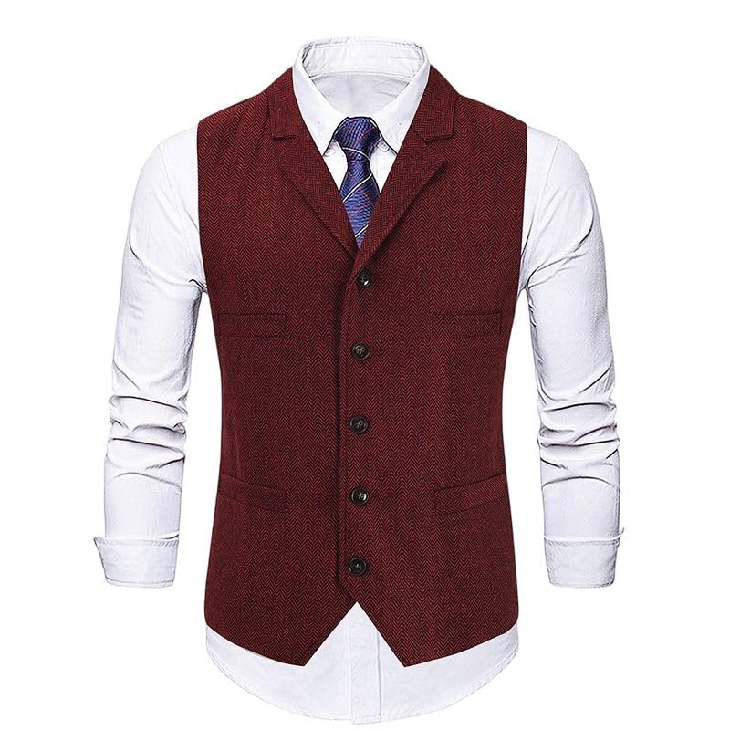 Chaleco de tweed en espiga para hombre corte ajustado cuello en V uniforme trabajo marrón S 5