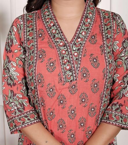 Image of Women's Cotton Printed Straight Kurti With Pant and Dupatta Set (PEACH)