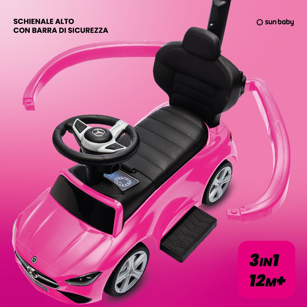 sun baby Macchinina Cavalcabile per Bambini, Macchina a spinta da 12 mesi, schienale alto, volante audio, poggiapiedi estensibili, vano portaoggetti (Rosa)