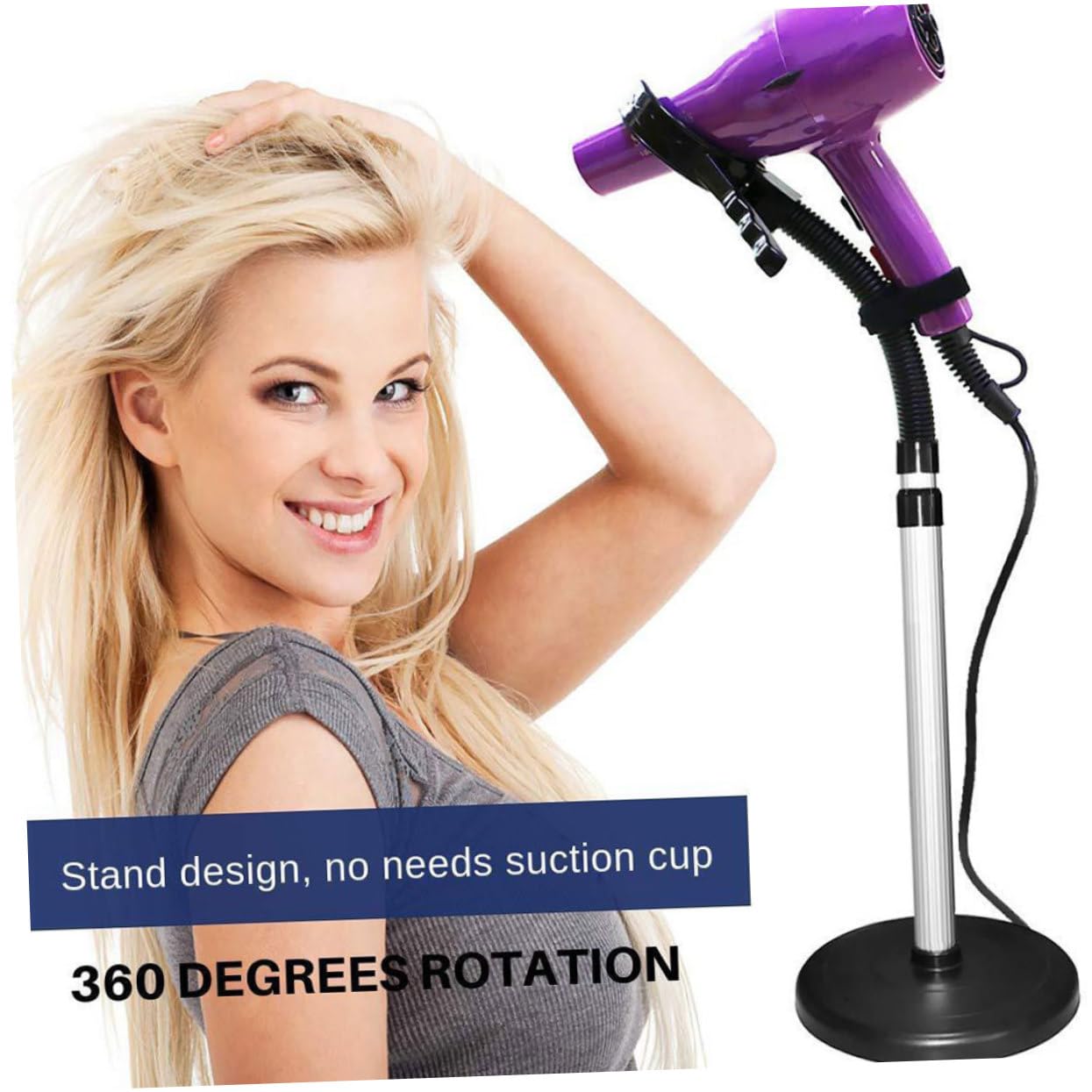 Housoutil Supporto per Asciugacapelli Nero con Ventosa, Rotazione 360° e Uso Mani Libere, Facile da Montare per Asciugatura e Styling