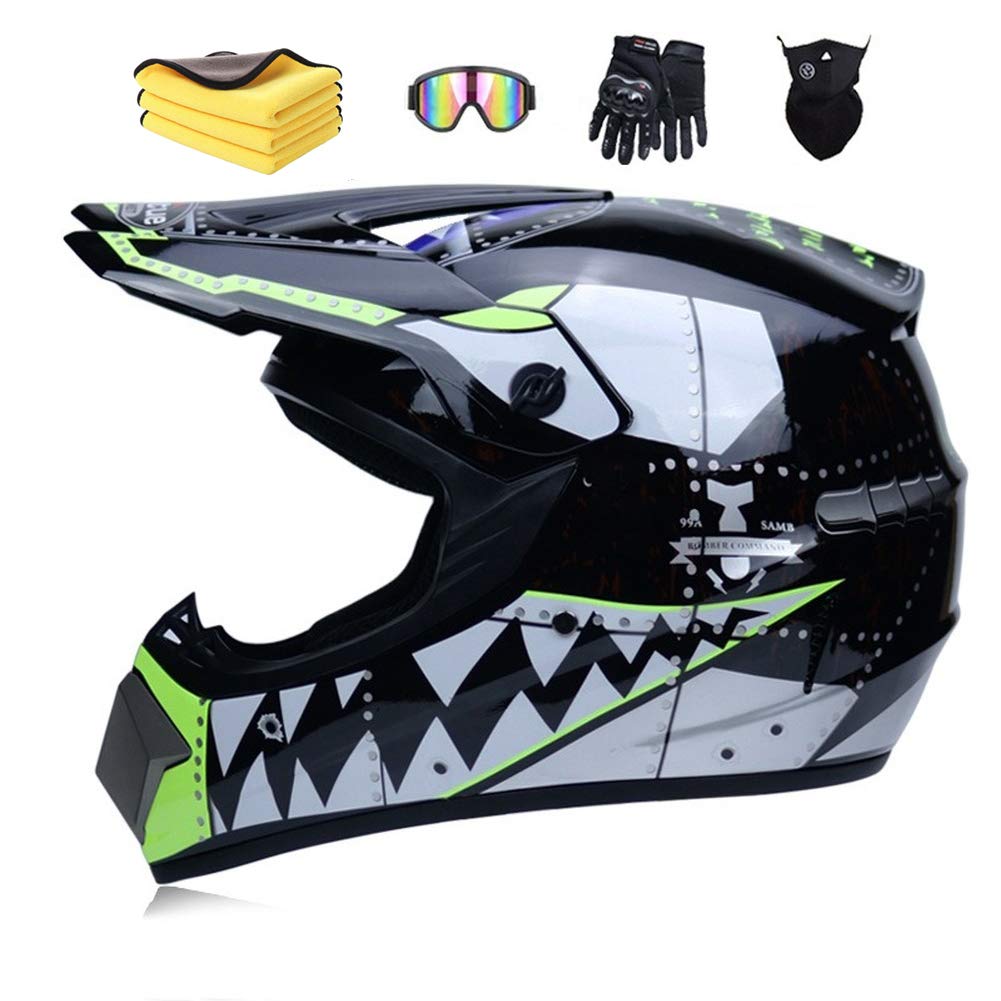 Casque De Motocross MX Pour Enfants Casque De Moto ATV Casque D. O. T Certified Casque De Requin Multicolor Avec Lunettes Gants (black,XL:61-62cm)