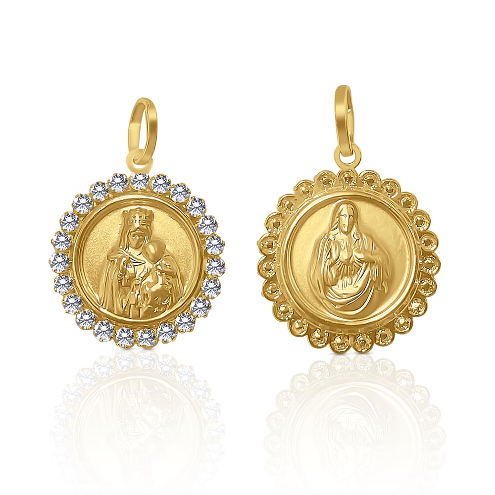 Medalla colgante Escapulario en oro de ley, Virgen del Carmen y Sagrado corazón, medida 14 mm