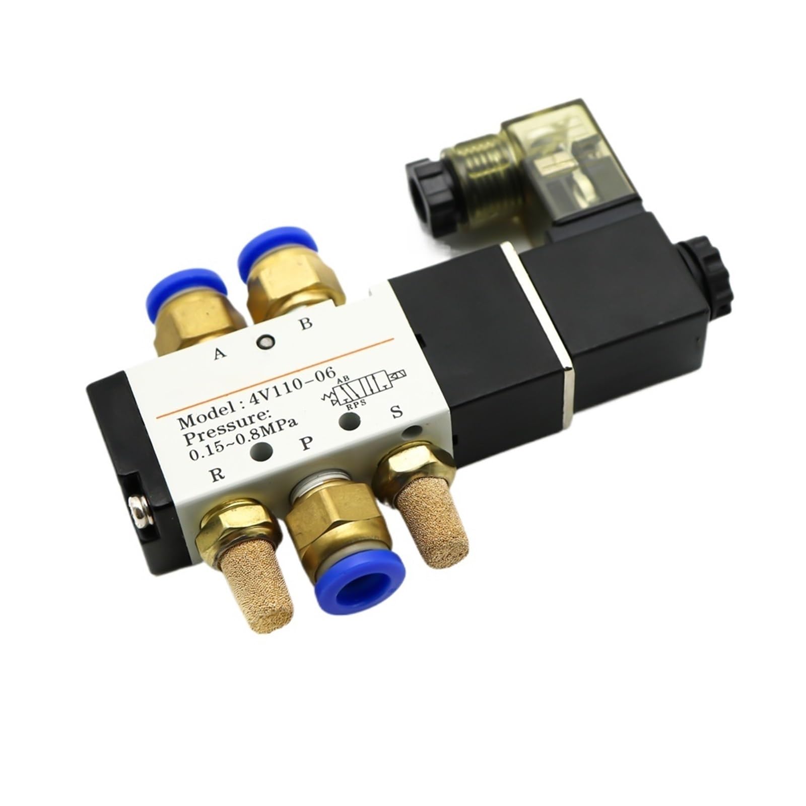 4V110-06 Electroválvula neumática de 1/8 pulgadas Válvula de 5 vías Puerto 2 Posiciones Válvulas magnéticas eléctricas Aire Gas DC12V 24V 110V220V Volt Bobina(LED W 8mm Fittings,DC 12V)