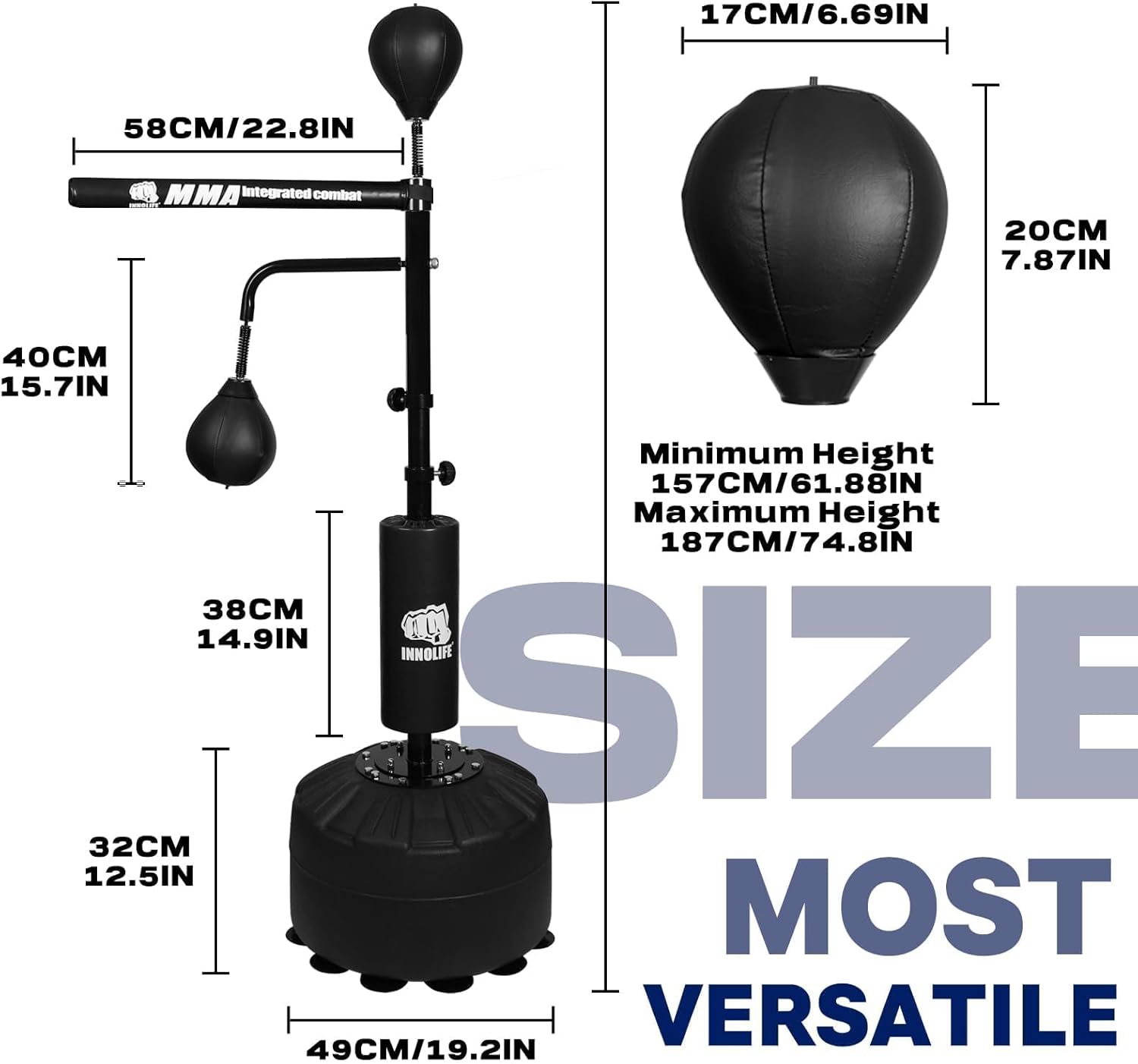 45~82IN Boxing Bar 60L Base Punching Bag Spinning Trainer with Reflex Bar, Adjustable Suitable for Adults (Black) - Image 2