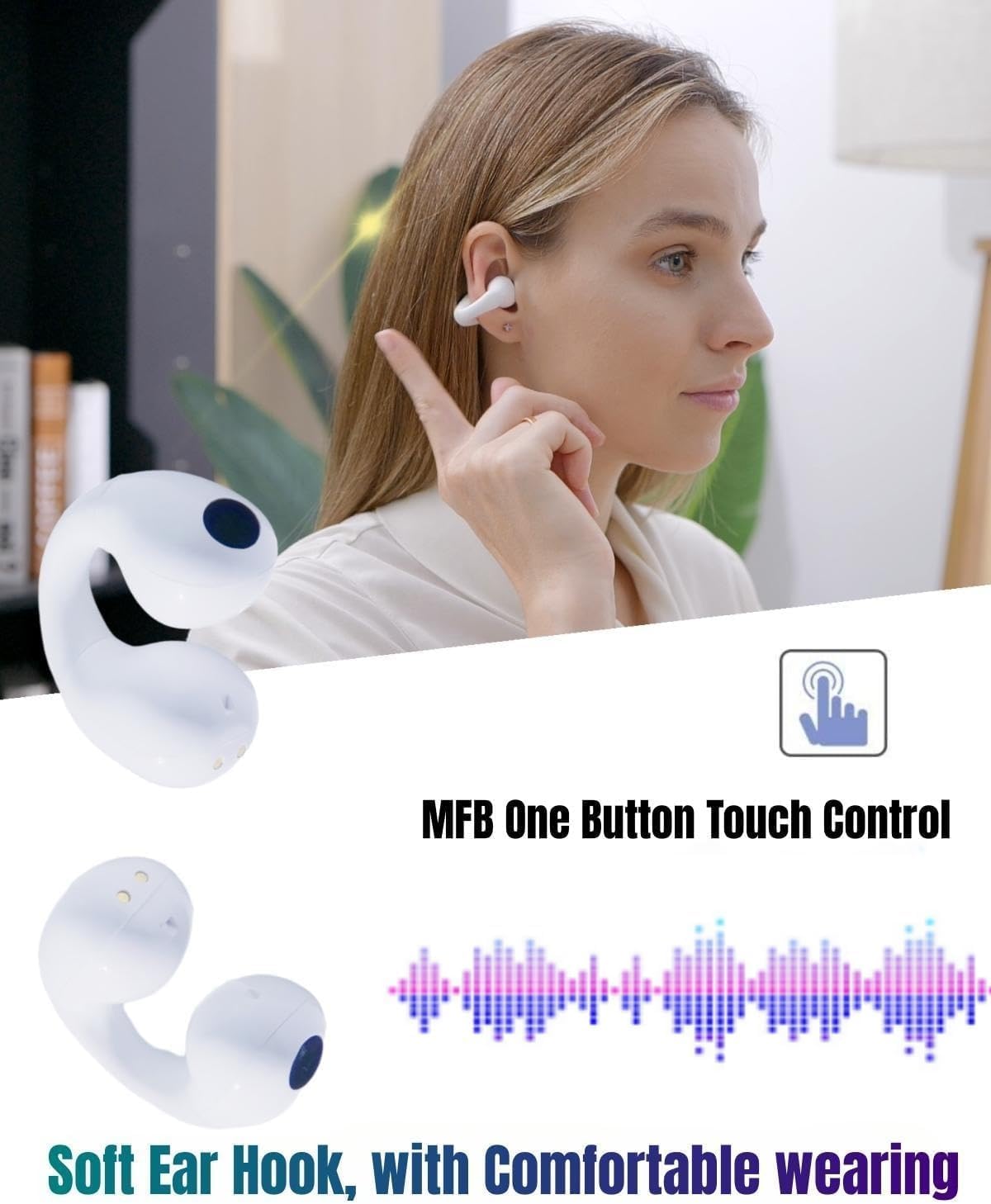 Person wearing earbud, pointing to the multifunction button