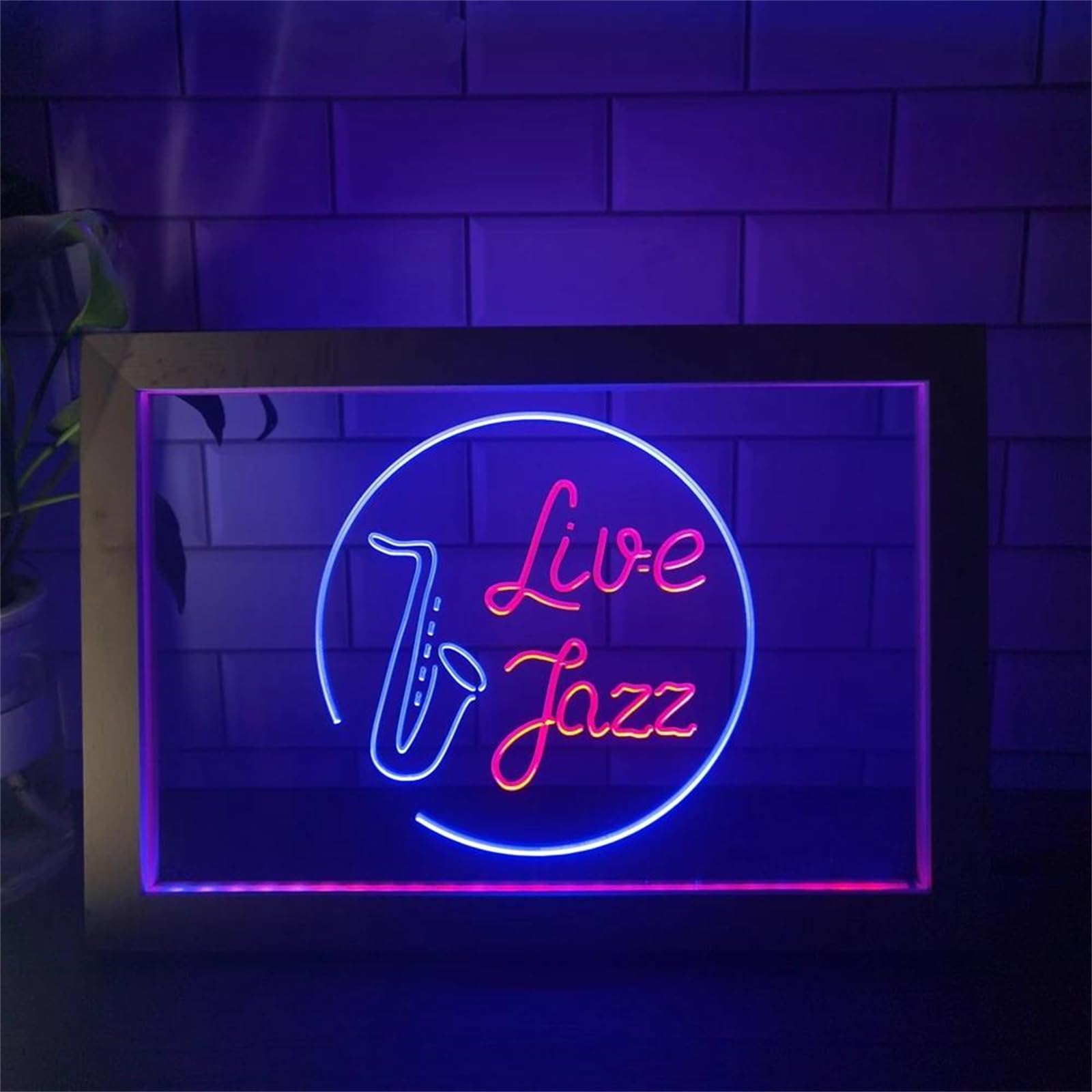 FINOTI Live Jazz Music Room Dual Color LED Neon Sign Photo Frame Creative Table Lamp Bedroom Desk Wood 3D Night Light Bedroom Bar Bar Club Teen Room Art Music Lover Gifts With Switch,B,42x32cm