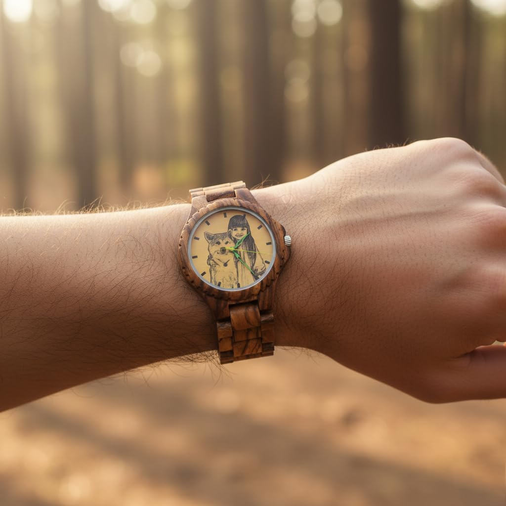 Reloj de madera personalizado para hombre, esfera fotográfica de línea blanca y negra, carcasa trasera grabada, reloj de pulsera de madera de bambú marrón de 40 mm con pulsera de eslabones, regalos