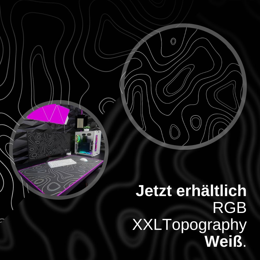 Nyfter - Tappetino per mouse XXL per gaming, RGB, nero, design topografico, 900 x 500 mm, misura grande, bordi cuciti, durevole con Glide di alta qualità e antiscivolo, per gaming