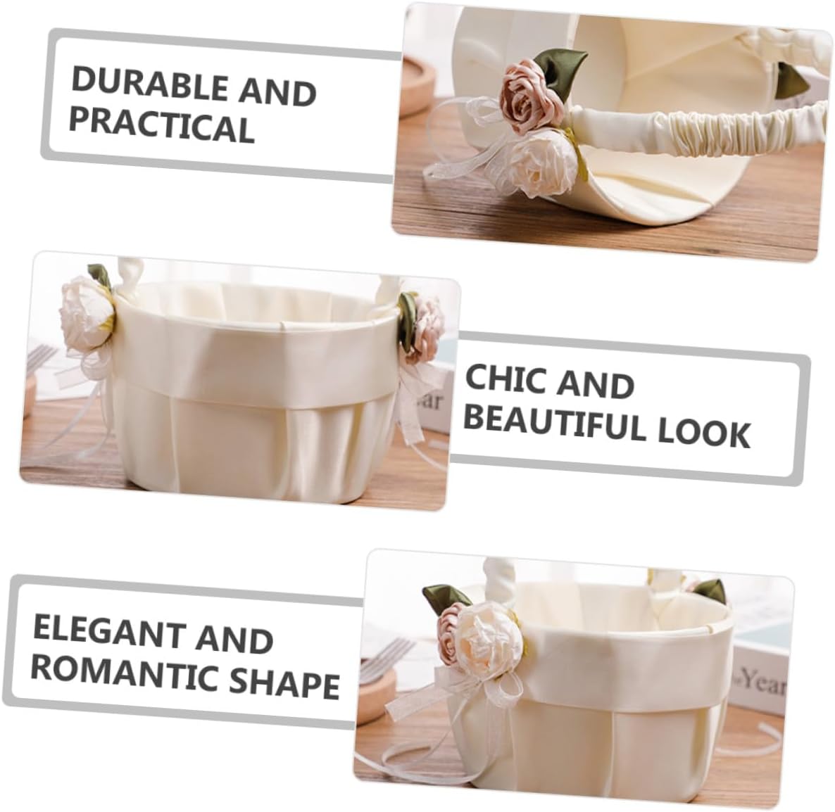 SAFIGLE Wedding Flower Basket Ivory White Lace Handheld Satin Flower Girl Basket for Bride Petal Storage Party Ceremony Supplies