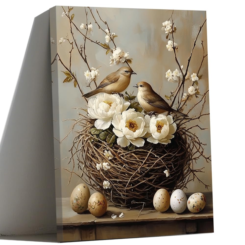 LMYSXAOZ Farmhouse Bird's Nest Flower Canvas Wall Paintings Country Birds Eggs Basket Pictures Sparrow Family Decor for Living Room Bedroom Kitchen Decoration (brown,20" Wx30 L)