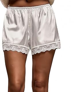 Pantalones cortos de satén para mujer, cintura elástica, encaje sedoso, pantalones de pijama, color sólido, ropa de dormir