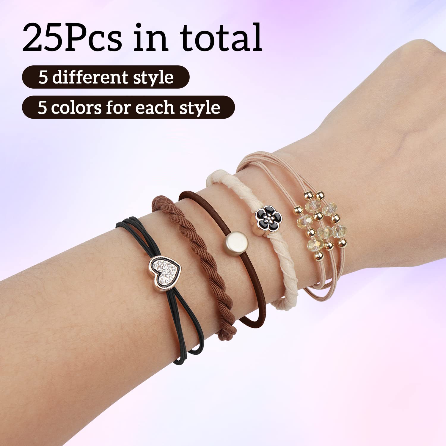 YONOY 25 Stück Boho-Haargummis für Frauen, 5 Stile, niedliche Haargummi-Armbänder für dünnes und dickes Haar/Pferdeschwanz, keine Beschädigung der Gummibänder