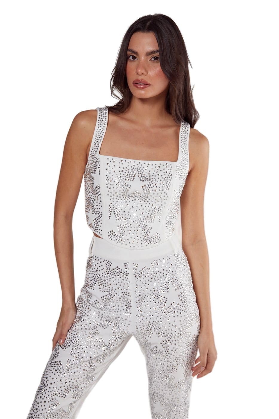 Nasty Gal Tailored Star Diamante Corset Top, 10, Ivory