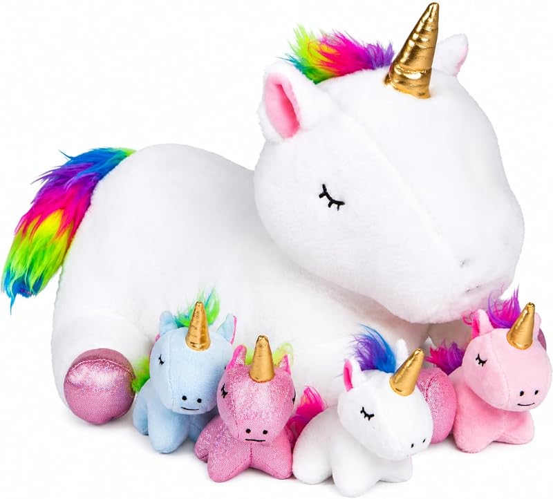 PixieCrush Unicorn Stuffed Animals for Girls, Set of 5 - Mommy with Babies - Magical Giant Stuffed Animal - Enchanting Unicorn with Babies Set - Plush Animals for Kids
