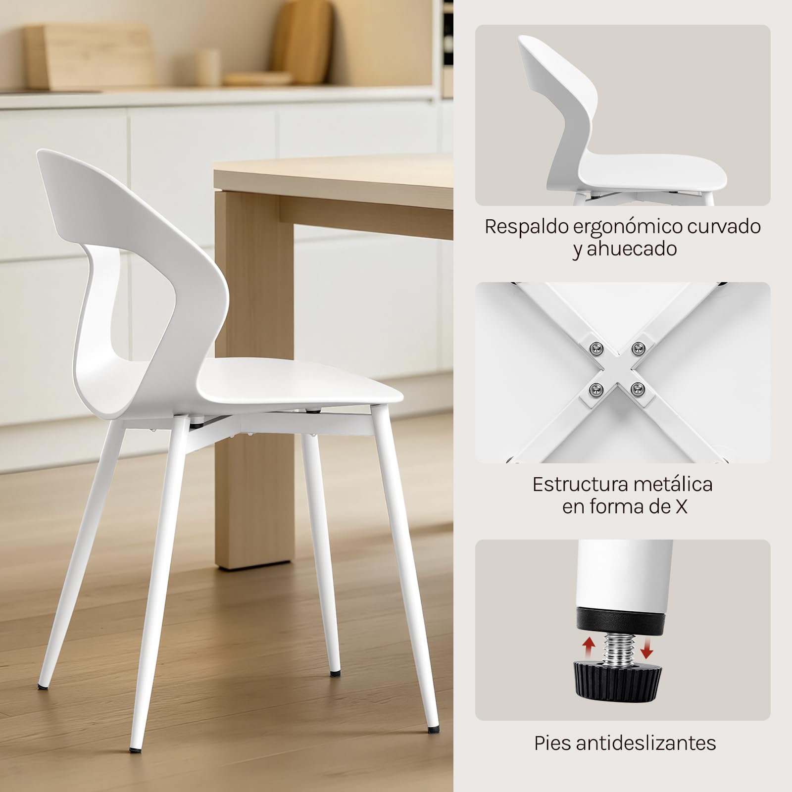 WOLTU Juego de 6 Sillas de Comedor,PP,Blanco | Moderna con Respaldo Calado, Impermeable, Patas de Metal, Carga hasta 150 kg, para Salón, Dormitorio o Estudio