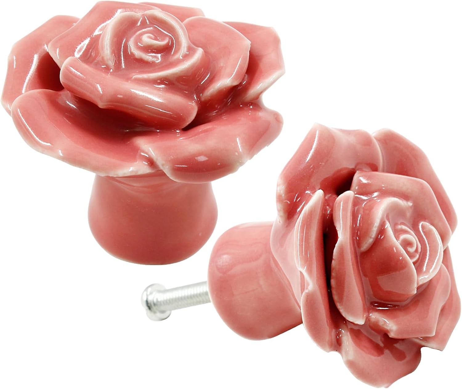 Bonsicoky 2 Pcs Pink Rose Drawer Pulls, Ceramic Flower Knobs Decor Handles for Drawer, Cabinet, Dresser, Cupboard, Door