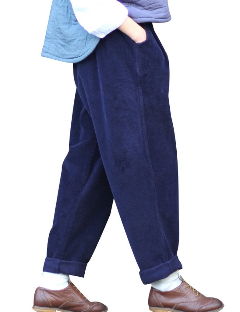 Youlee Women's Elastic Waist Corduroy Trouser with Pockets Navy