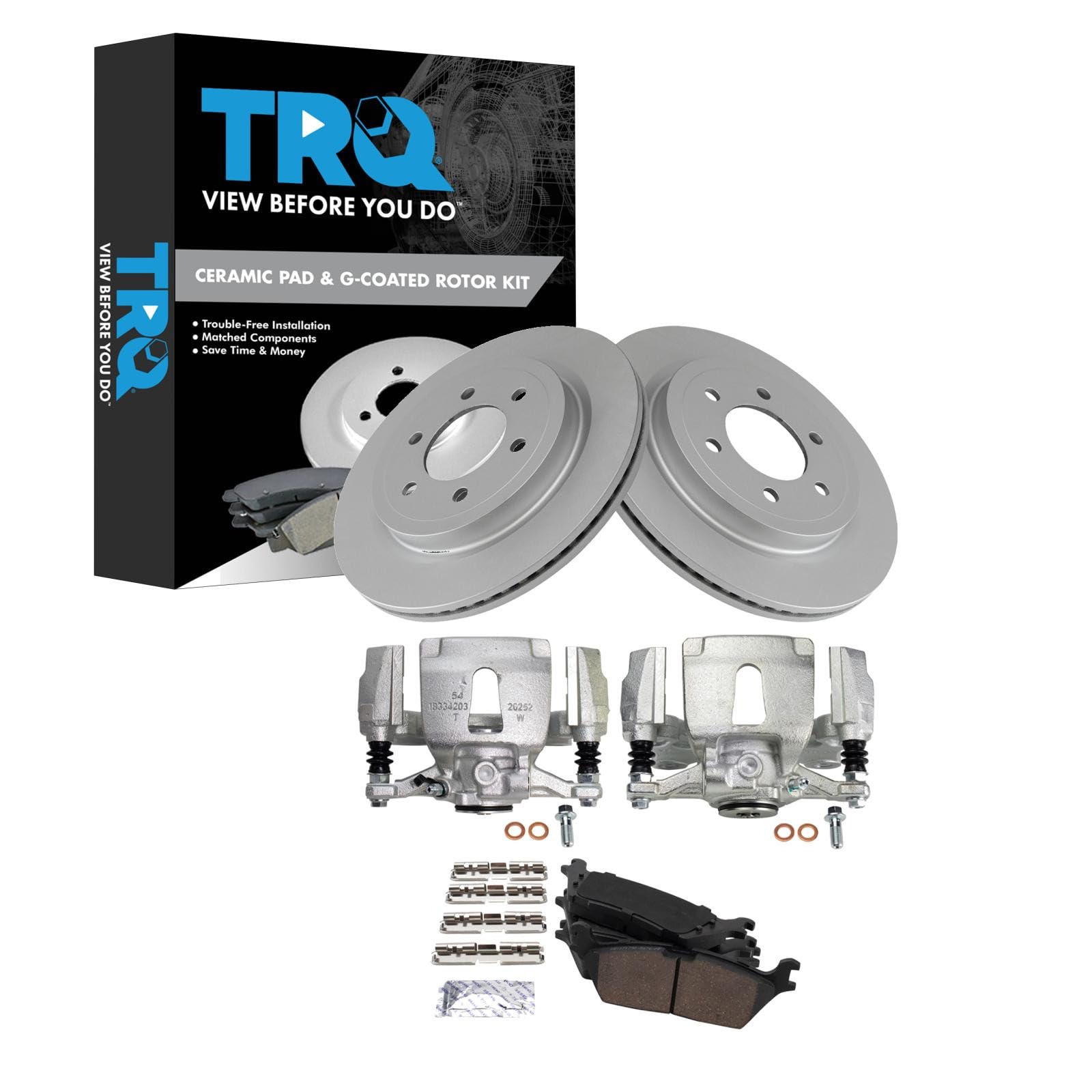 TRQ Rear Brake Pad, Caliper, &amp; Rotor Kit Ceramic Premium G-Coated Compatible with 2018 Ford F-150