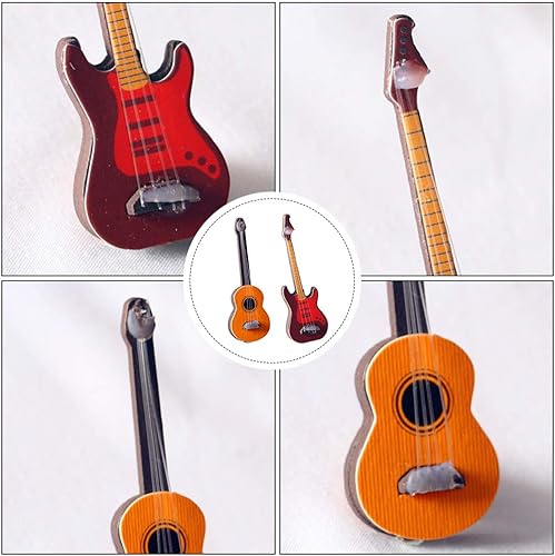 Miniatura 5 de Toyvian 2 piezas de guitarra en miniatura casa de muñecas Mini instrumento musical de madera bajo guitarra modelo adorno para jardín de hadas,
