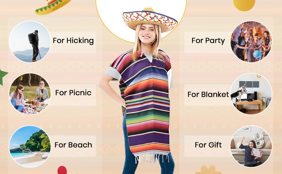 Adulf Size - Bright Colorful Traditional Authentic Fiesta Mexican Poncho Sarapes Mexicanos for Men and Women2
