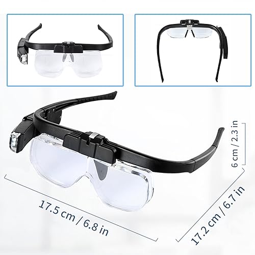 Miniatura 5 de Minidiva Lupa con diadema con luz, manos libres, 2 luces LED iluminadas, lupa de montaje en la cabeza con 3 lentes desmontables, doble ranura para