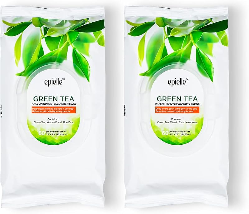 Lenços de limpeza facial e removedores de maquiagem Epielle Green Tea, pacote com 2