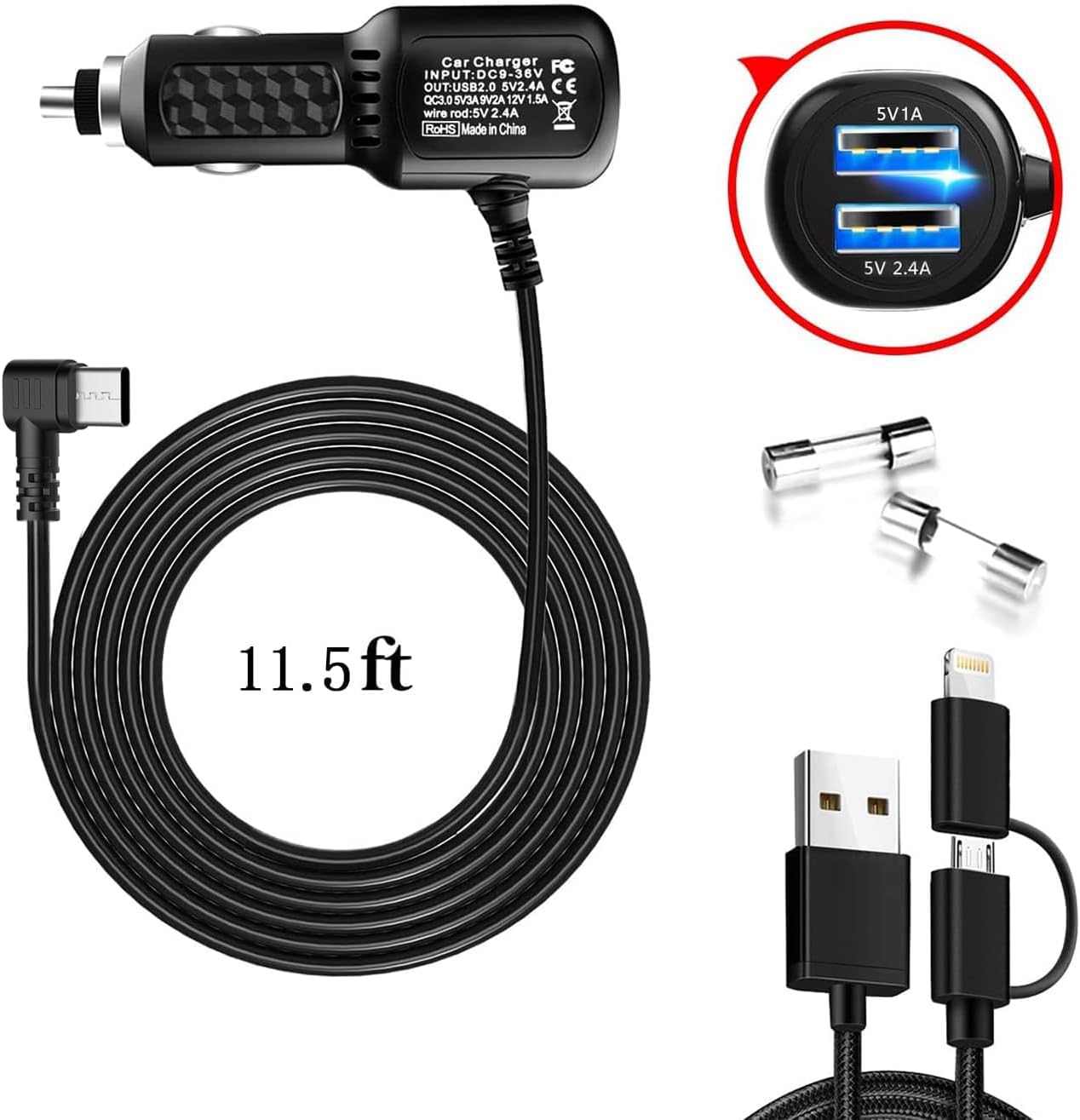 Dash Cam Charger 2023 Upgraded USB-C Car Charger with Dual USB Port Compatible with, Rexing, Byakov, AKASO, Crosstour, Trekpow, Pruveeo, OldShark, Garmin and Most Other Dash Cam (11.5ft) image 3