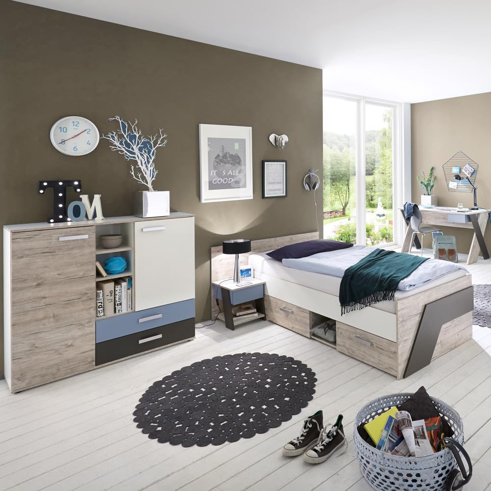 Lomadox Jugendzimmer Kinderzimmer Set, Sandeiche mit weiß, Lava blau, 90x200 Kojenbett, Schreibtisch, Nachttisch, Highboard