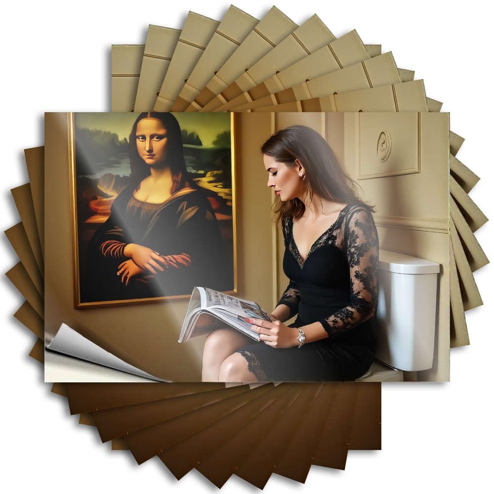 Goods, Sticker Paw Bumper A Woman in A Black Dress Reads A Magazine Next to A Painting of The Mona Lisa. | Fluffy Waterproof Vinyl Stickers(6X9CM)
