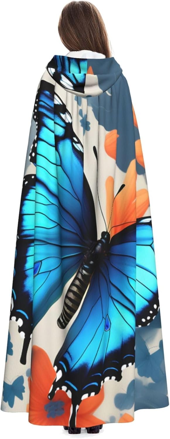 Blue Butterfly print Halloween Hooded Robe Cloak for Adult Men Women Wizard Vampire Knight Fancy Cape Costume
