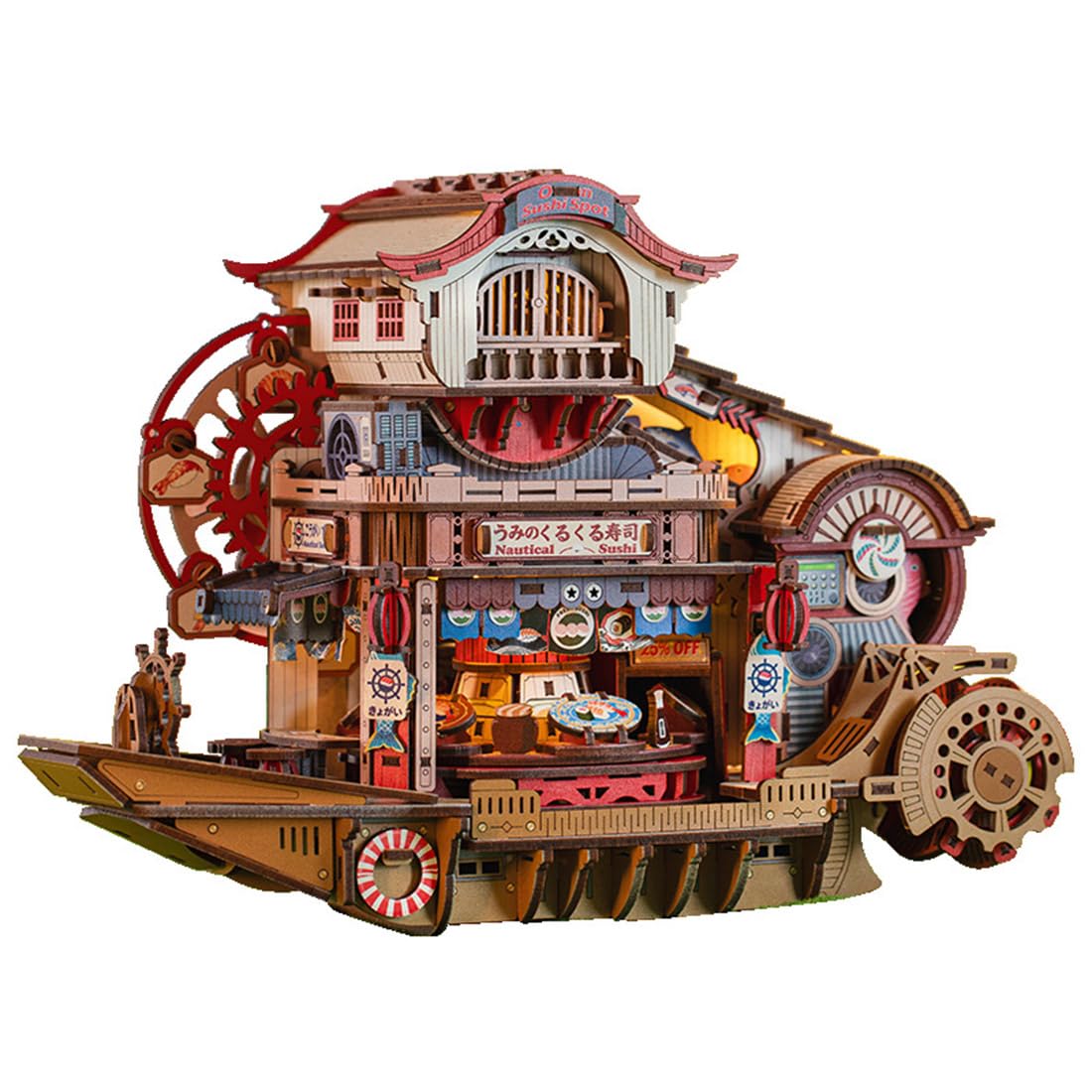 Kit fai da te, modello di barca per sushi, puzzle 3D in legno giapponese con luci e rotazione, display creativo per sushi per scrivania (425 pezzi)