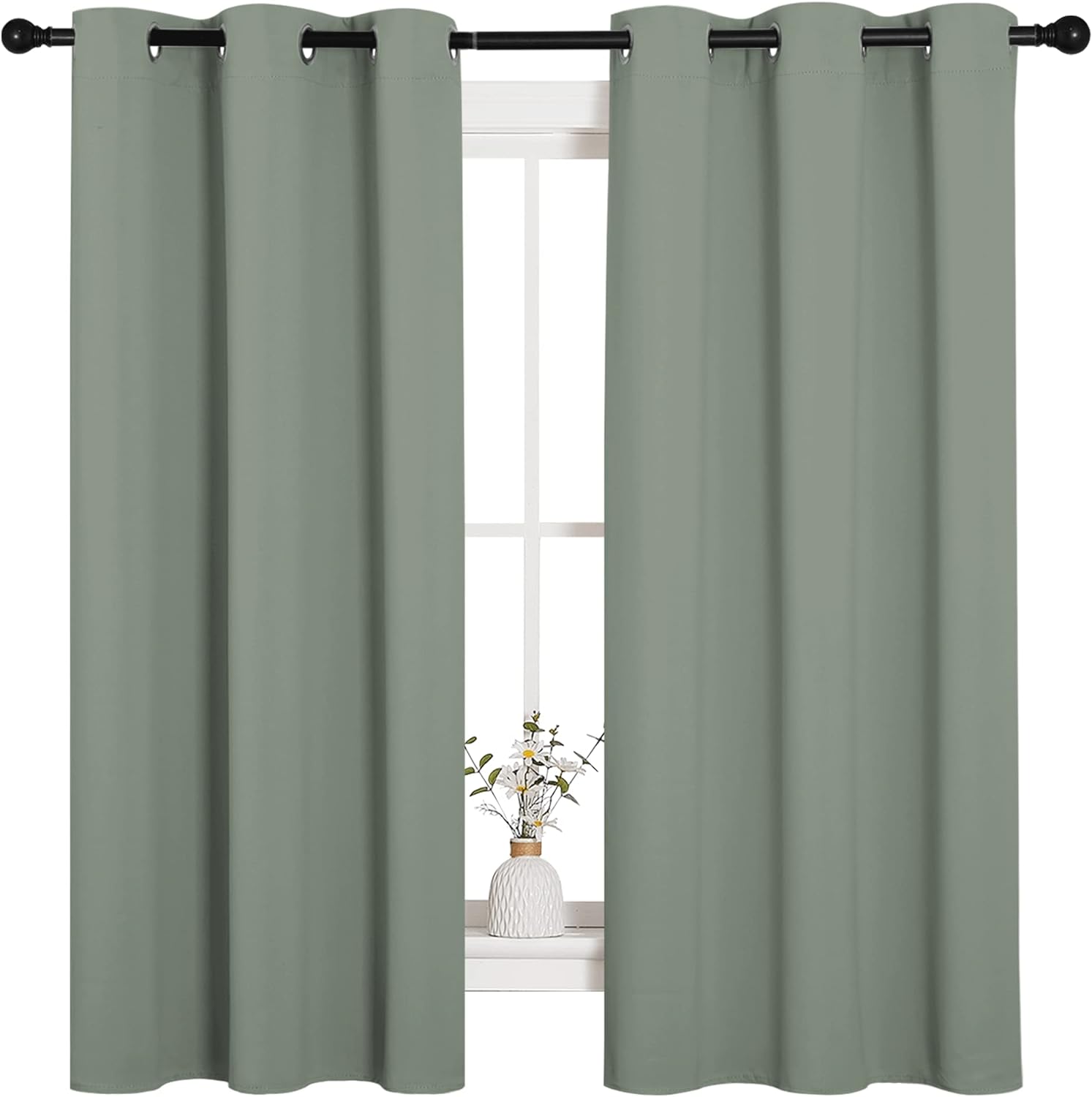 NICETOWN Greyish Green Nursery Essential Thermal Insulated Solid Grommet Top Blackout Short Curtains/Drapes for Son's Room (1 Pair, 42 x 63 inches)