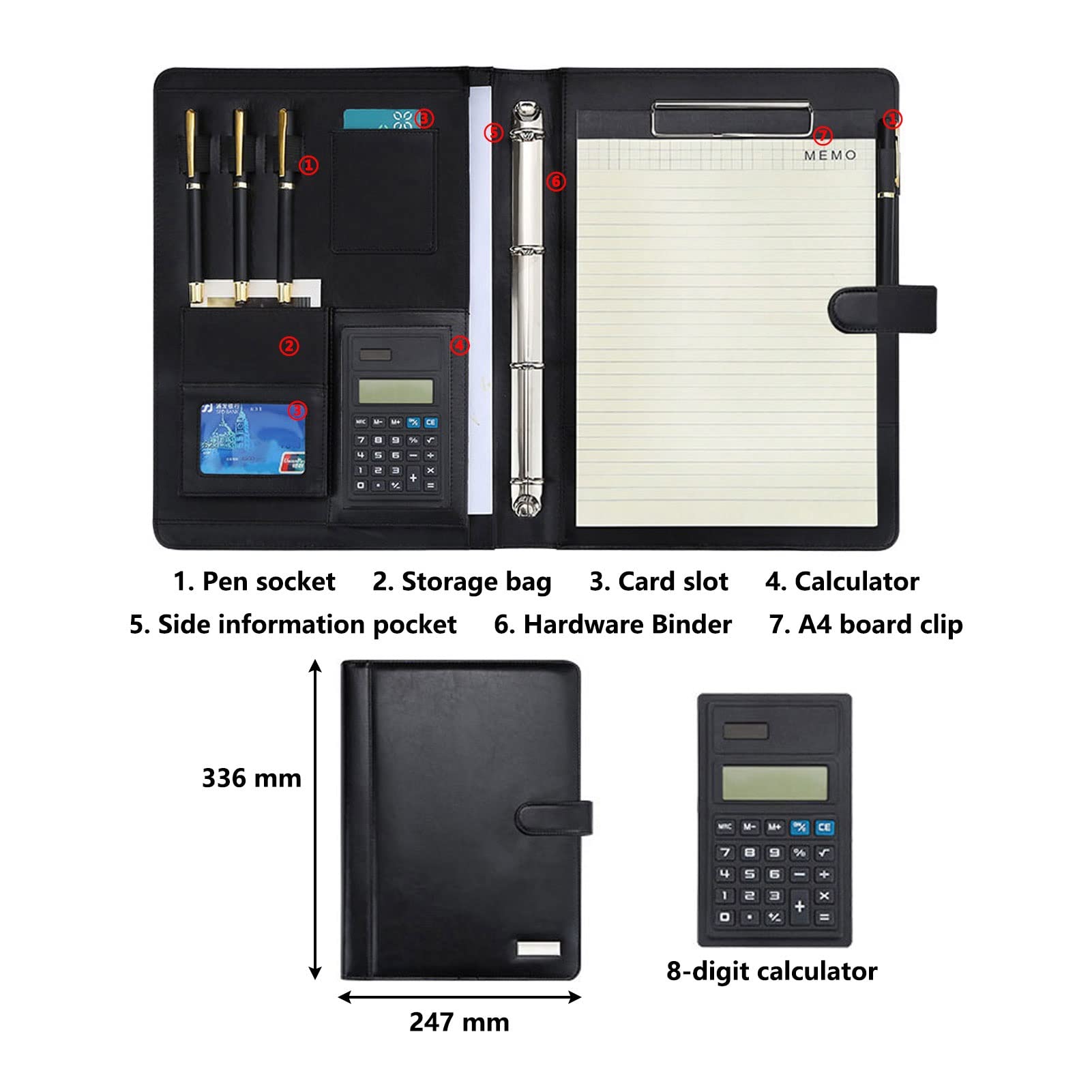 Portfolio A4 Porte Documents Folder Multifonctionnel Portfolio Professionnelle Dossier De Conférence Organiseur Pour Hommes Femmes Bloc Notes Rechargeable 25 Feuilles Lot De 4 ( Size : 8 digit calcula