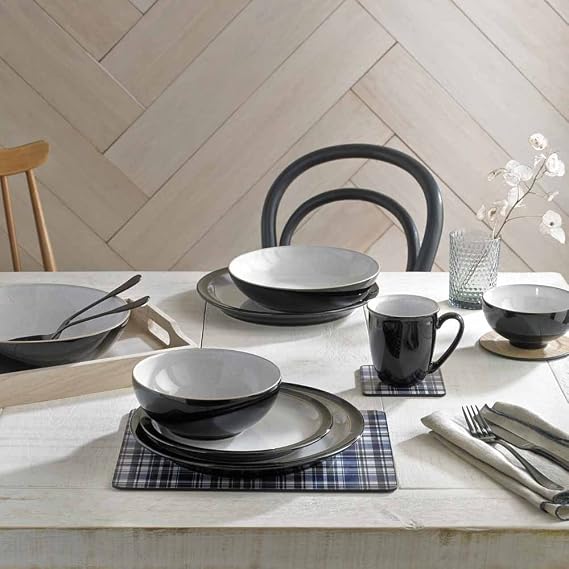 Denby - Elements Black Dinner Plates Set of 4 - Dishwasher Microwave Safe Crockery 26.5cm - Black, White Ceramic Stoneware Tableware - Chip & Crack Resistant Large Plates