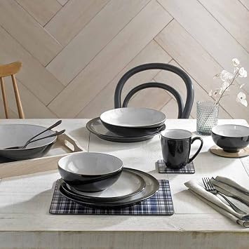 Denby - Elements Black Dinner Plates Set of 4 - Dishwasher Microwave Safe Crockery 26.5cm - Black, White Ceramic Stoneware Tableware - Chip & Crack Resistant Large Plates