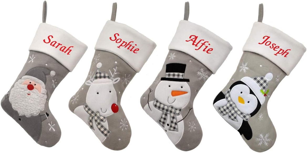 D3 Personalised Embroidered Silver Luxury Deluxe Christmas Stockings (Reindeer)