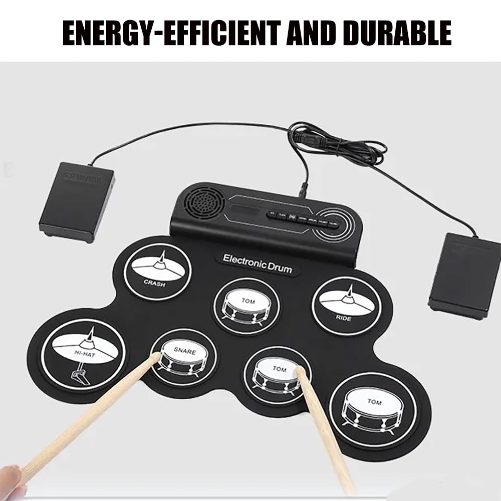 NEWFUN Bateria Electrica, Almohadilla de Práctica para Batería Enrollable con 7 Almohadillas de Silicona con Mazas y Pedal para Principiantes
