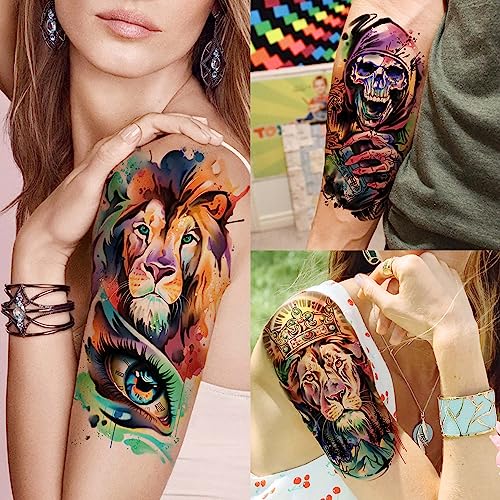 Image of VANTATY 55 Sheets 3D Watercolor Temporary Tattoos For Women Men Adults Kids - Realistic Animal Print, Tribal, Floral, Halloween Designs - Multicolor - Waterproof - Ages 3+