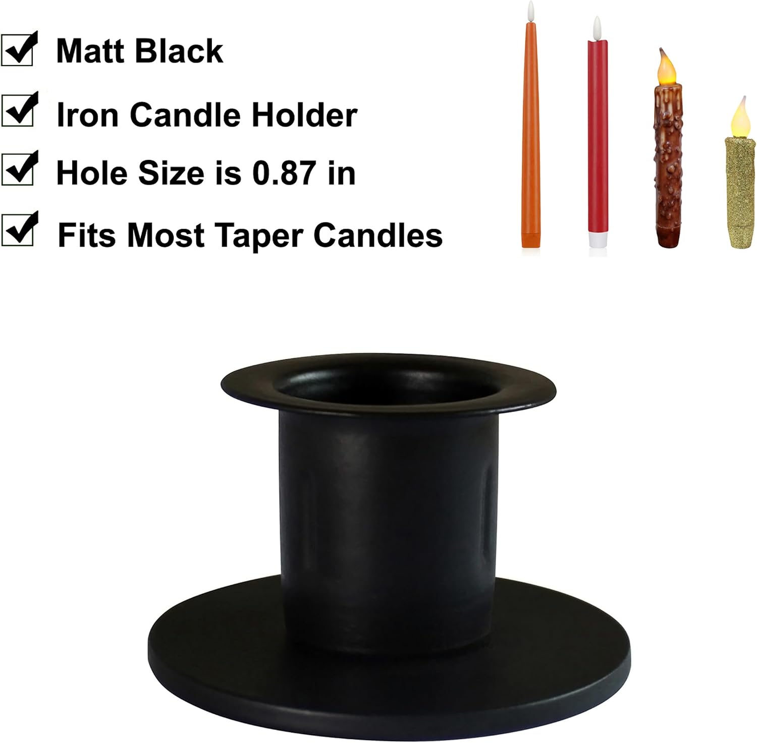 CVHOMEDECO. Primitive Iron Taper Candle Holders Vintage Black Candlestick Holders for Halloween Christmas Dining Room Home Decor. Set of 2, Round Base
