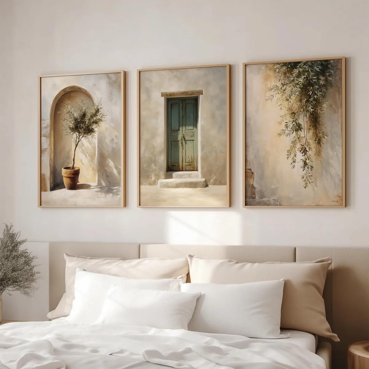 Póster con estampado de olivo en lienzo, color beige neutro, estilo rústico, para decoración de pared de patio (60x90cm - 3 piezas)
