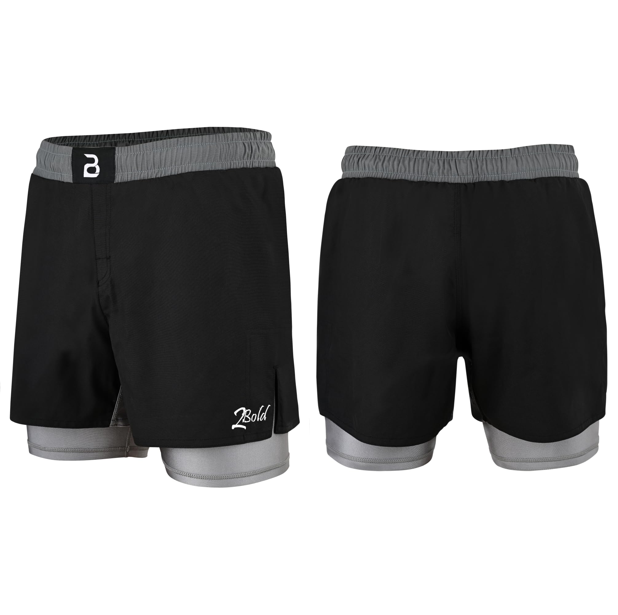 2BOLD MMA Herren-Shorts, 2-in-1, Jiu-Jitsu, integriertes Kompressionsfutter, athletisch, Fitnessstudio, Boxen, Muay Thai, BJJ, No-Gi Grappling-Shorts