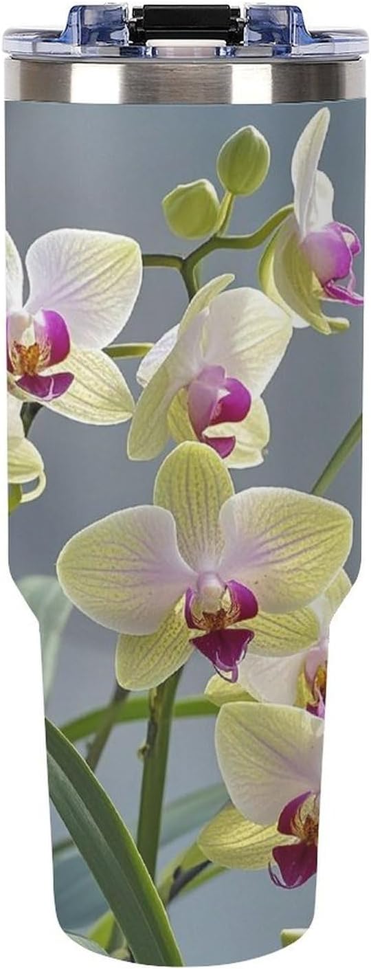 Colorful Orchids Flower Tumbler 40 Oz with Handle&Lid Large Car Cup Stainless Steel Vacuum Travel Mug Insulated Water Bottle Leak-proof Portable Coffee Cup for Home Car Outdoor