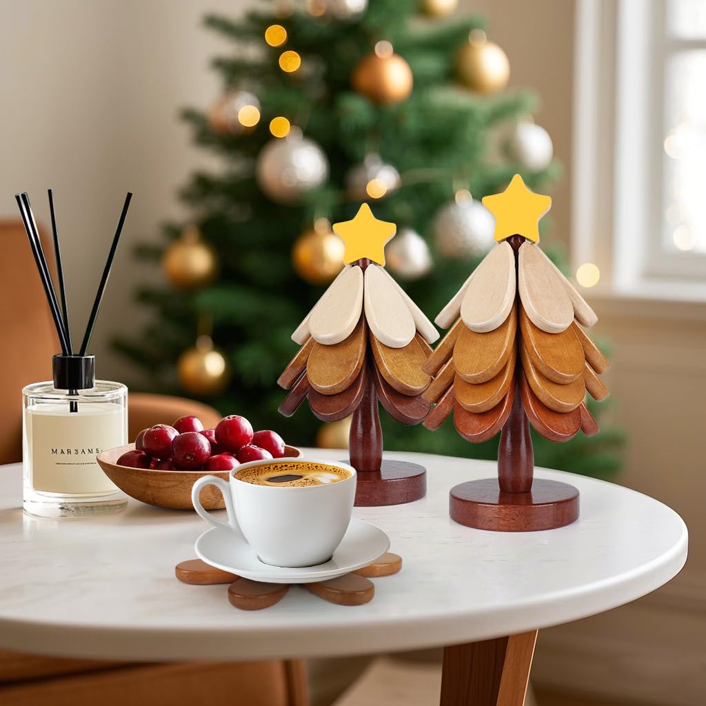 Set 3 Sottopentola In Legno A Forma Di Albero Di Natale, Diametro 20,3 Cm, Resistenti Al Calore