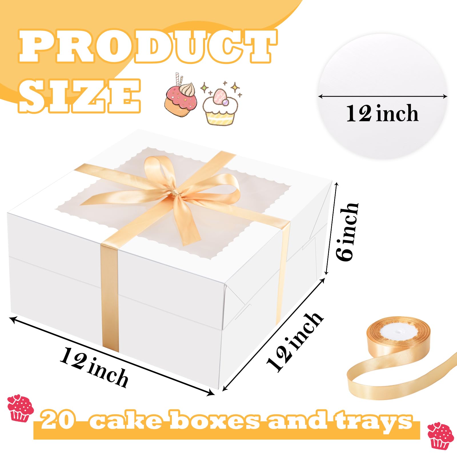 KPOSIYA 20 cajas blancas para tartas con tablas para tartas, cajas de panadería de 12 x 12 x 6 pulgadas con ventana, recipientes cuadrados de cartón para tartas, caja de pastel de 12 pulgadas para