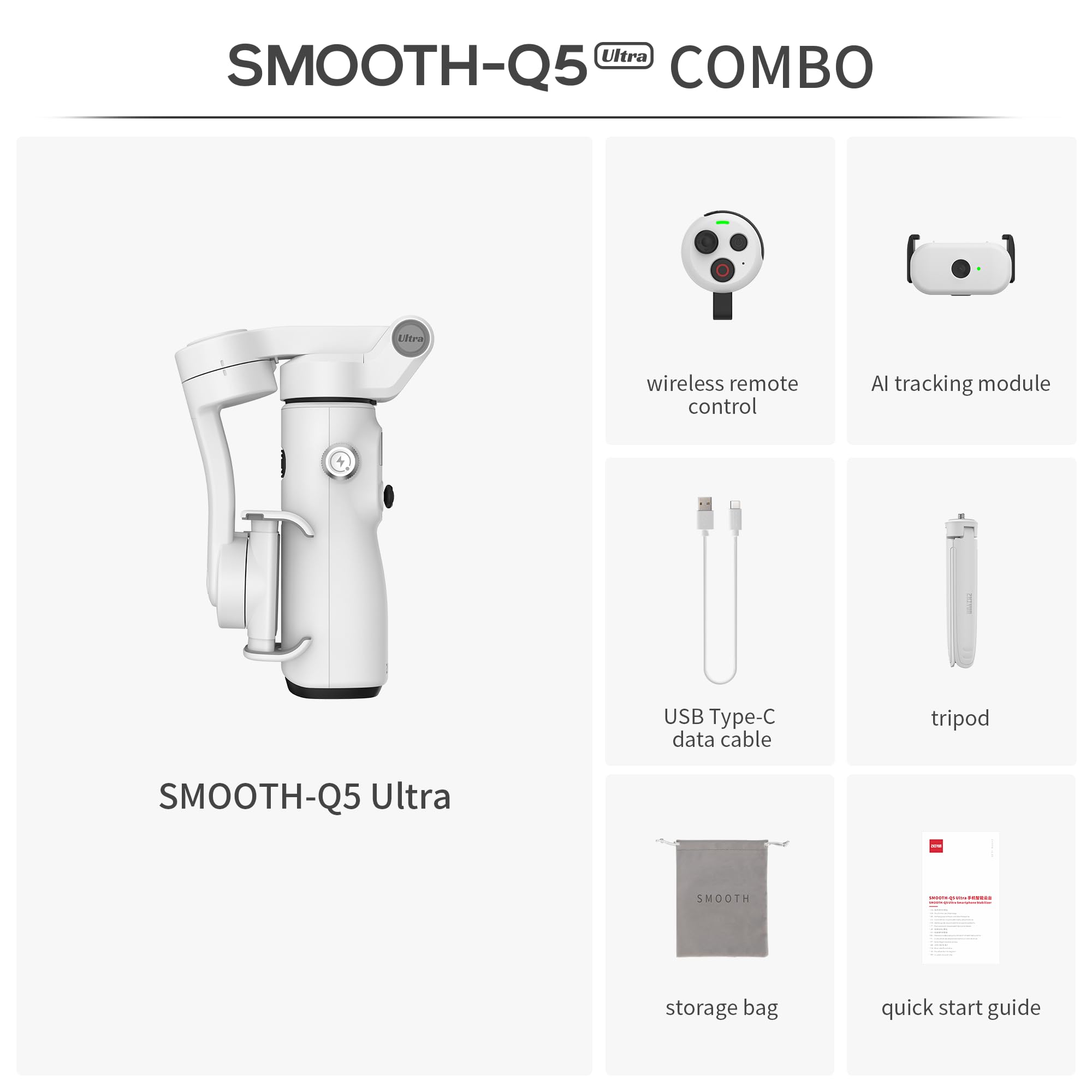 ZHIYUN Smooth Q5 Ultra Combo[Ufficiale]Stabilizzatore Smartphone, Tracciamento AI, Comando Vocale, Telecomando, Luce di Riempimento/Asta di Prolunga/Treppiede, Batteria da 13.5h, Gimbal per Telefono