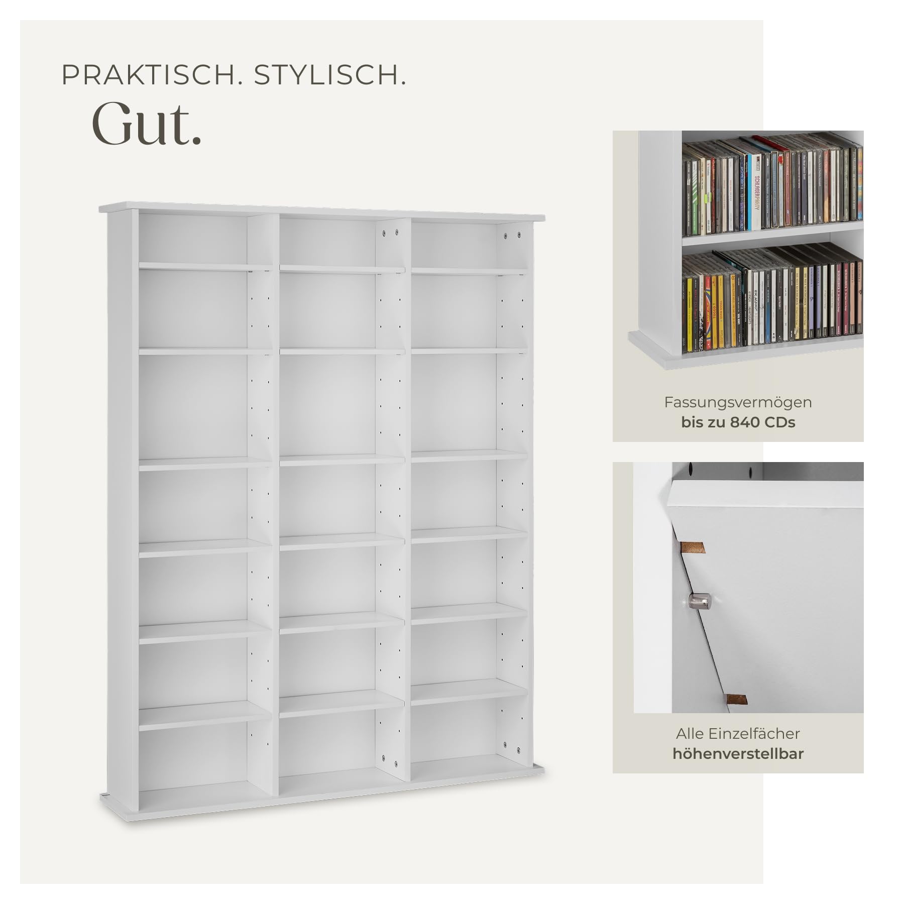 tectake® CD Regal, DVD Ständer, Raumteiler Schrank, Wand Regale Weiß, 18 Einstellbare Zwischenböden, Manga Aufbewahrungssystem - Weiß Matt