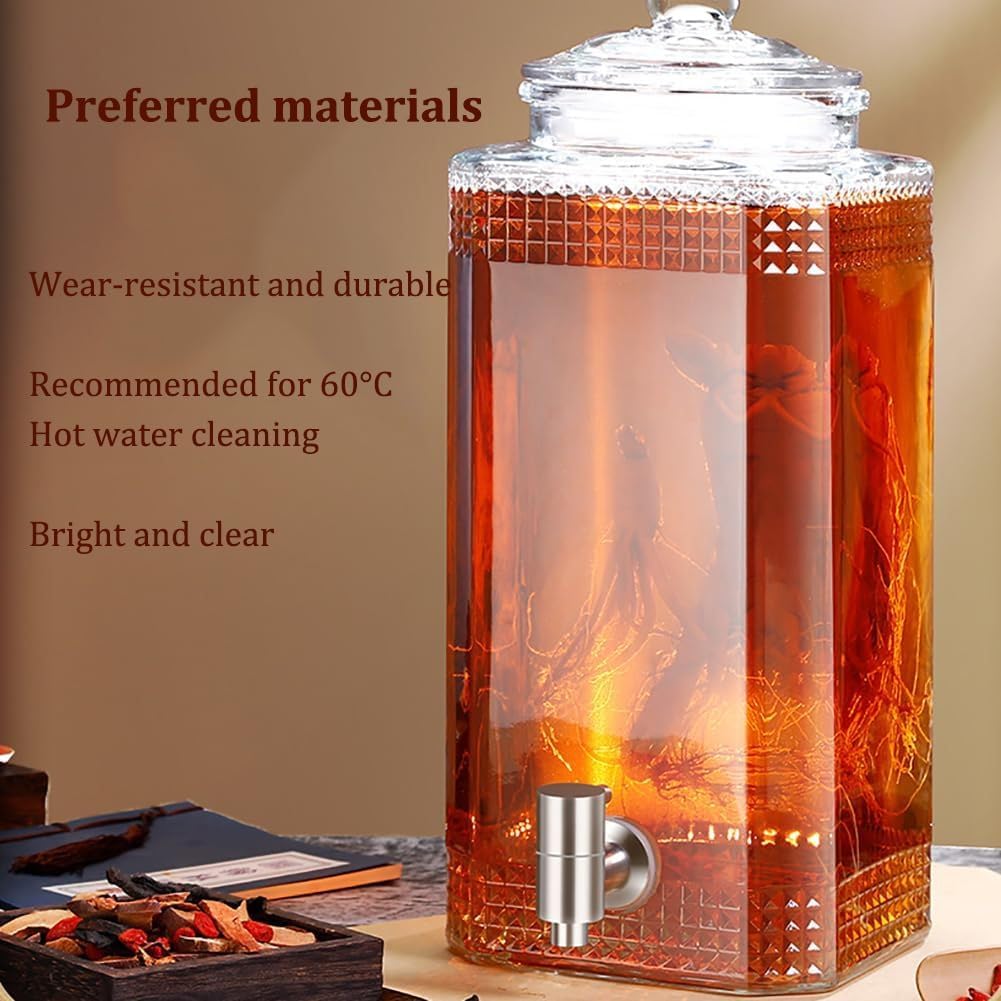 3L/5L/7.5L/10L/15L Beverage Dispenser,Glass Water Dispenser with Lid, Ice Drink Dispenser with copper Faucet and Bracket and Cover, for Home, Parties, and Catering Events,3L