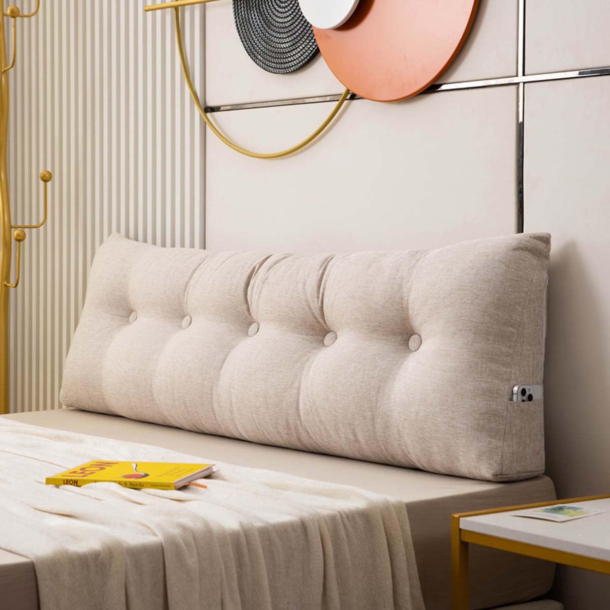 Almohada de lectura triangular de lino transpirable con funda extraíble, almohada de posicionamiento grande para cama, cabecero y sofá
