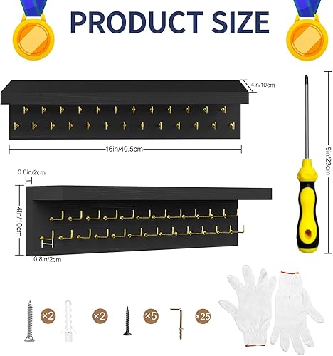 Miniatura 2 de Soporte para medallas, organizador de trofeos, resistente soporte de madera para trofeos con 25 ganchos de acero, colgador de medallas de montaje en