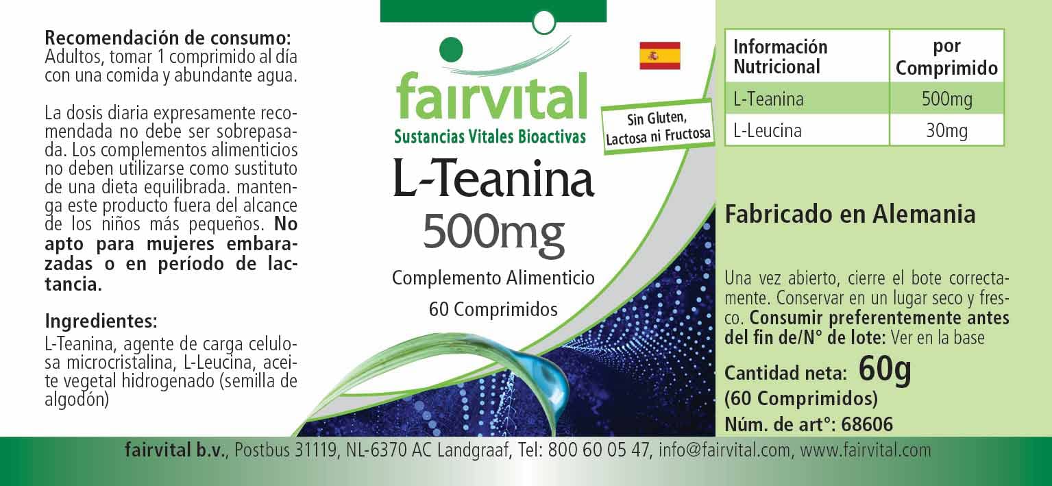 fairvital L-teanina 500 mg, 60 compresse, ALTO DOSAGGIO, VEGANO, aminoacido, facile da deglutire